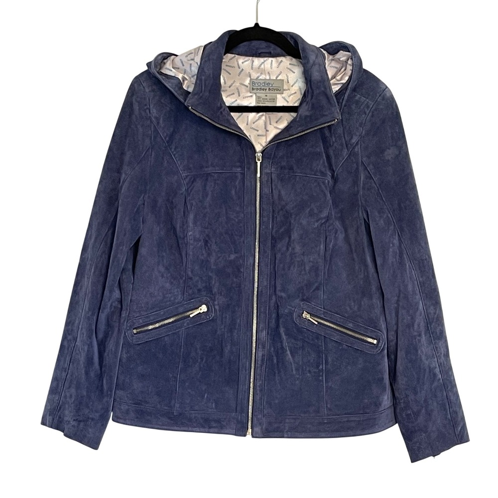 Bradley Bayou Womens Navy Blue Genuine Leather Suede Hooded Zip Jacket M A1726